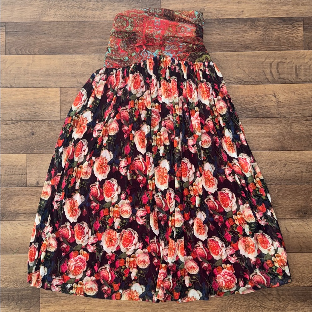 Fuzzi Size Extra Large Floral Mixed Patterned Strapless Ruched Bodice Mesh Dress